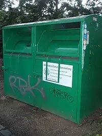 Altkleider-Container, Firma unbekannt, Aufkleber: "Genehmigte Sammlung Berlin", Farbe: grün