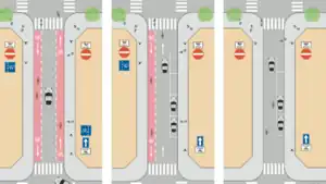 Three pictures exemplifying different types of accommodation for cyclists in one-way streets.