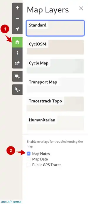OpenStreetMap main page with open layers menu and the notes checkbox