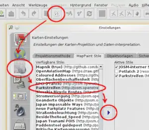 Aktivieren der parking:lane-Vorlage in JOSM