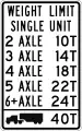 maxweight=10 st maxweight:hgv:conditional=10 st @ (axles=2); 14 st @ (axles=3); 18 st @ (axles=4); 22 st @ (axles=5); 24 st @ (axles>=6) maxweight:hgv_articulated=40 st (specify unit as short tons)