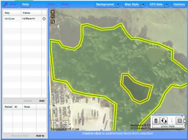 Esempio multipoligono in Potlatch 2 - compare l'icona a ciambella