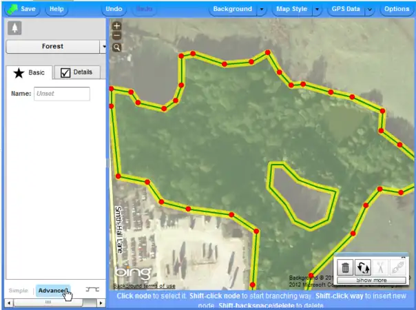 Esempio multipoligono in Potlatch 2 - clic su Advanced
