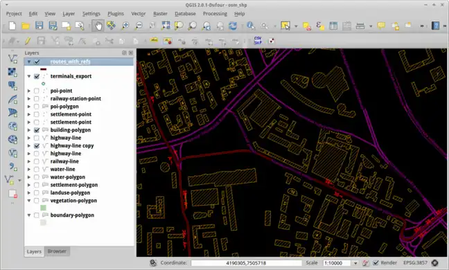 Screenshot of QGIS showing OSM data