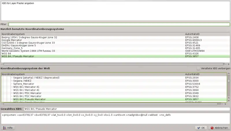 Pseudo Mercator EPSG:3857 wählen