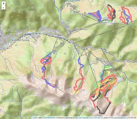 screenshot of a topographic slippy map with overlaid pistes