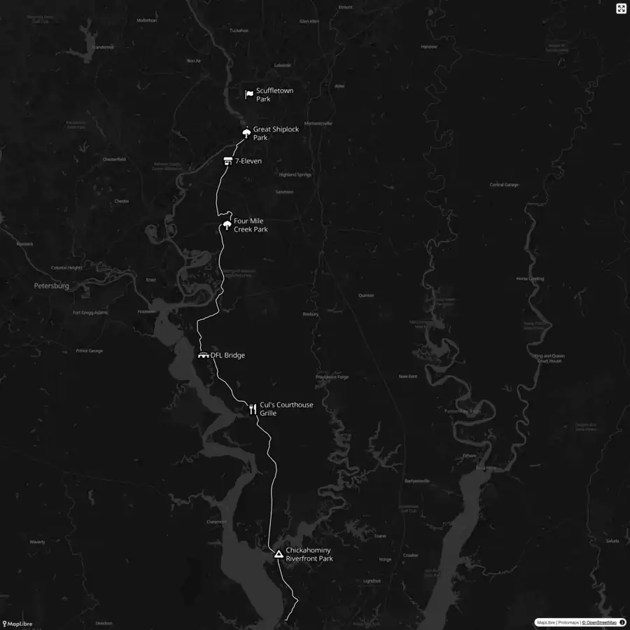 A stylized map of a line and a few POI View Map View Source