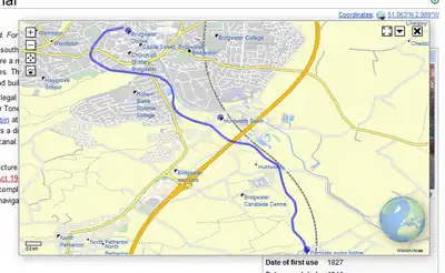 Datos de OpenStreetMap, superposición KML (línea azul), y coordenadas de artículos adicionales (puntos azules). Febrero de 2012.