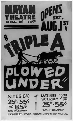 A poster depicting the silhouette of a man with a horse-drawn plow under the title of the play