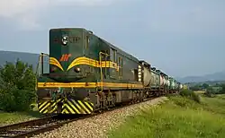 Železnice Srbije class 661 diesel locomotive, with an intermodal freight train from the Bulgarian border at Dimitrovgrad, on its way towards Niš.