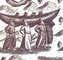 Russian fishermen carrying a strug boat, 16th century.