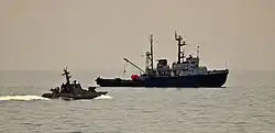 The Ukrainian Navy Project&nbsp;745 seagoing tug Korets and the Gyurza-M-class gunboat Berdiansk (U175) in the Black Sea in 2016