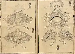 Decorated shoulder armor and winged helmet, often called "phoenix-winged helmet" (lit. 凤翅盔 fèngchìkuī) as illustrated on Wujing Zongyao