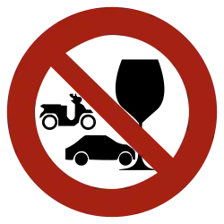 A red circle with left slash over a wine glass, a car, and a scooter. This is a sign of "Prohibiting Drinking and Driving".