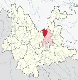 Location of Luquan County (red) and Kunming City (pink) and Yunnan province