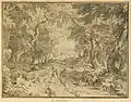 Resting herdsmen in woodland engraving by Jan Joost van Cossiau
