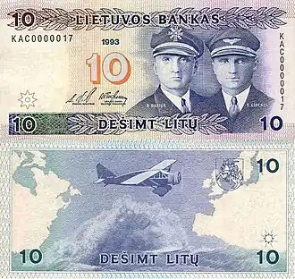Darius (left) and Girėnas on a Lithuanian 10 litas banknote