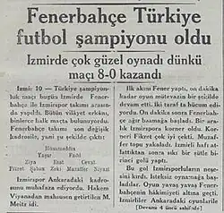 Turkish newspaper Akşam announcing the Turkish championship title of Fenerbahçe on 11 November 1933