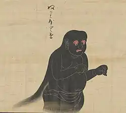 17 Nuribotoke (ぬりぼとけ）is a yōkai that resembles an animated corpse. Distinguishing attributes in most depictions are its pitch black color and its droopy, dangling eyeballs.[29] Its name means "lacquered Buddha", although the term for Buddha (hotoke) can also be used for people who have died, since it is believed that they, too, become a buddha. This yōkai is commonly said to appear at night out of a butsudan (Buddhist shrine) that has been left open overnight or otherwise poorly maintained.[16] In such cases, it has been shown to crawl out of the butsudan in order to cause havoc. Some reports say that when it appears, it is simply to repair and maintain the butsudan itself; however, more mischievous and violent acts have also been seen.[16] One interesting aspect of the Nuribotoke's appearance is the black appendage that can be seen coming from its back, which is widely debated. Many depictions, including this scroll, show it to be hair. Many of these portrayals are from the Edo period.[50] However, there are also many records showing this yokai to actually have a catfish-like tail coming from its back.[50]
