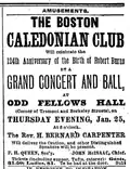 Advertisement for Caledonian Club event at Odd Fellows Hall, 1883