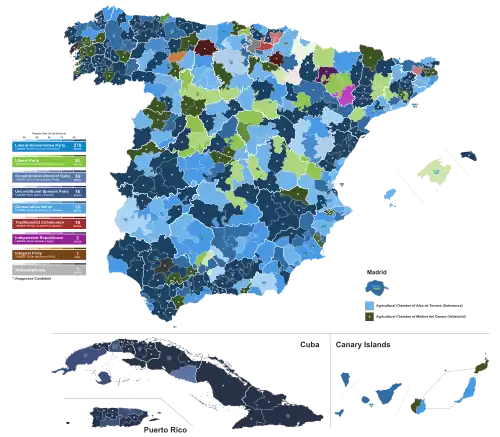 Map of Spain showcasing seat distribution by Congress of Deputies constituency