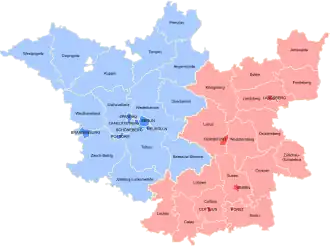 Map of Brandenburg highlighting the former Regierungsbezirk of Frankfurt (in red)