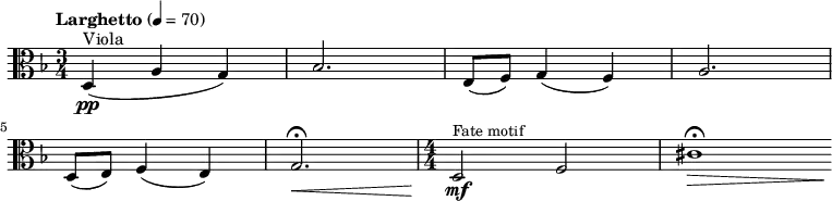 
\relative d {
    \clef "alto" \time 3/4 \key d \minor | % 1
    \set Staff.midiInstrument = "violin"
    \tempo "Larghetto" 4=70 \stemUp d4 ( ^ "Viola" _\pp \stemUp a'4
    \stemUp g4 ) | % 2
    \stemUp bes2. | % 3
    \stemUp e,8 ( [ \stemUp f8 ) ] \stemUp g4 ( \stemUp f4 ) | % 4
    \stemUp a2. \break | % 5
    \stemUp d,8 ( [ \stemUp e8 ) ] \stemUp f4 ( \stemUp e4 ) | % 6
    \stemUp g2. ^\fermata _\< | % 7
    \numericTimeSignature\time 4/4  \stemUp d2 -\! _\mf ^\markup{ \small
        {Fate motif} } \stemUp f2 | % 8
    cis'1 ^\fermata _\> \bar ""
    -\! }

