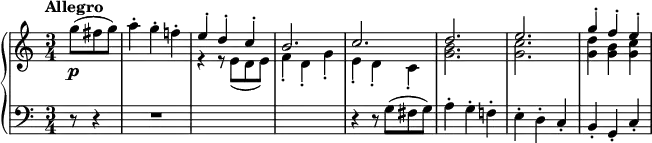 \new PianoStaff <<
\new Staff <<
\new Voice \relative c''' {
\tempo "Allegro"
\time 3/4
\partial 4. g8( fis g) |
a4-. g-. f!-. |
\voiceOne e-. d-. c-. |
b2. |
c2. |
d2. |
e2. |
g4-. f-. e-. |
}
\new Voice \relative c' {
\voiceTwo
s4. |
s2. |
r4 r8 e( d e) |
f4-. d-. g-. |
e4-. d-. c-. |
<g' b>2. |
<g c>2. |
<g d'>4 <g b> <g c> |
}
>>
\new Dynamics { s4.\p }
\new Staff \relative c' {
\clef bass
r8 r4 |
R1*3/4 |
s2.*2 |
r4 r8 g8( fis g) |
a4-. g-. f!-. |
e-. d-. c-. |
b-. g-. c-. |
}
>>