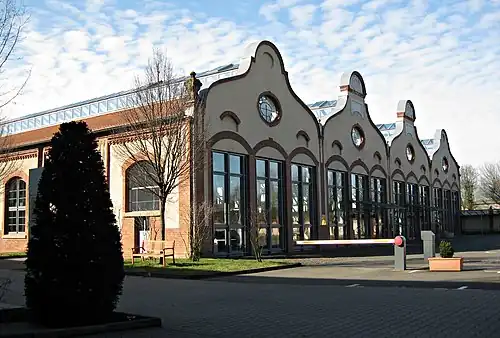Façade of a former tram depot, now an office building, in Bonn
