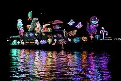 Decorated boat participating in the 2016 Newport Beach Christmas Boat Parade.