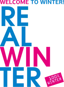 Text of the three slogans of the 2019 Winter Universiade in the graphic standard of the games: a semi-bold, sans serif typeface used in bright fuchsia (pink) and icy blue. At the top, the alternate slogan "Welcome to Winter!" is printed on a single line with the word "Welcome" in fuchsia and "to Winter!" in blue. Directly below, the primary slogan "Real Winter" is vertically aligned in four rows along the left side, reading RE – AL – WIN – TER; "WIN" is printed in fuchsia and the remaining text in blue. In the lower right corner, a fuchsia rectangle is set on a 30-degree angle with left-aligned text reading "100% Winter" in a white, typewriter-style serif typeface is printed on two lines.
