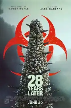 A tower of human skulls with wooden spikes on a dark cloudy background with a large red biohazard warning symbol behind the tower, with the film's title below.