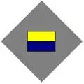 A grey diamond organisational symbol with a multi-coloured rectangle inside it