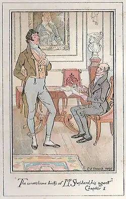 Colour illustration: A young lawyer stands at the left with a conceited air, Sir Walter sits at a desk.