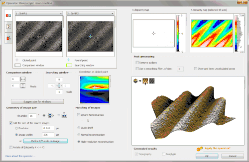 3D surface reconstruction of a (Ra = 3&nbsp;μm) roughness calibration sample (as used to calibrate profilometers), from 2 scanning electron microscope images tilted by 15° (top left). The calculation of the 3D model (bottom right) takes about 1.5 second[51] and the error on the Ra roughness value calculated is less than 0.5%.