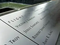 Panel S-2 of the National September&nbsp;11 Memorial & Museum's South Pool, one of three on which the names of victims from Flight&nbsp;175 are inscribed