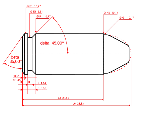 40 S&W maximum C.I.P. cartridge dimensions[2] All sizes in millimeters (mm).