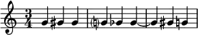 {
\relative c'' {
\time 3/4
g4 gis gis | g? ges ges~ | ges gis g
}
}