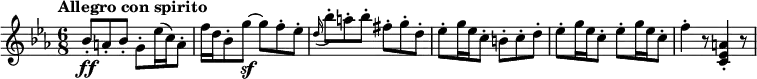
\relative a' { 
\key ees \major
\time 6/8 
\tempo "Allegro con spirito"
\tempo 4 = 120
bes8\ff\staccato a\staccato bes\staccato g\staccato ees'16 (c) a8\staccato
f'16 d  bes8\staccato g'\sf~ g f\staccato ees\staccato
\appoggiatura d16 bes'8\staccato a\staccato bes\staccato fis\staccato g\staccato d\staccato
ees\staccato g16 ees c8\staccato b\staccato c\staccato d\staccato
ees\staccato g16 ees c8\staccato ees\staccato g16 ees c8\staccato 
f4\staccato r8 <c, ees a>4\staccato r8
}
