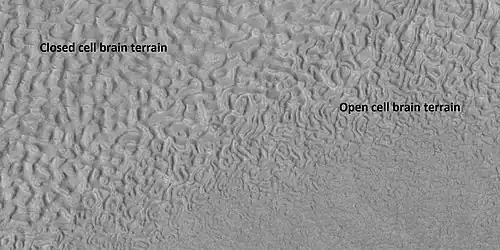 Open and closed brain terrain with labels, as seen by HiRISE under HiWish program