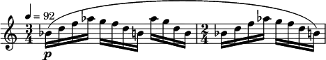 \relative c'' {
\set Staff.midiInstrument = #"oboe" \clef treble \time 3/4 \tempo 4 = 92 bes16\p( d f aes g f d b aes' g d b | \time 2/4 bes d f aes g f d b) }