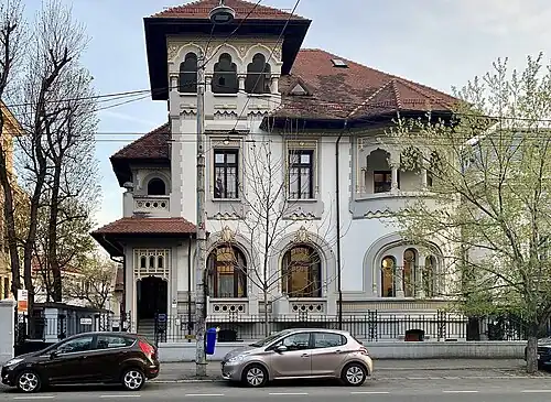 Revivalist architecture of a national style (in this case Romanian Revival): The C.N. Câmpeanu House on Bulevardul Dacia (Bucharest), c. 1923, by Constantin Nănescu[32]