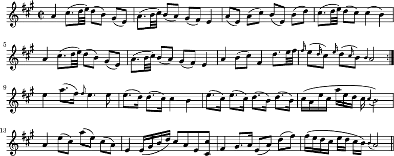 { \time 2/2 \key a \major \relative a' { \repeat volta 2 { a4 cis8.[( d32 e]) d8([ b)] gis[( e]) | a8.[( b32 cis)] b8[( a)] gis[( fis)] e4 | a8[( e)] a[( cis]) b([ e,]) b'([ d]) | cis8.[( d32 e]) d8[( cis]) cis4( b) | a4 cis8.[( d32 e]) d8([ b)] gis[( e]) | a8.[( b32 cis)] b8[( a)] gis[( fis)] e4 | a4 b8( cis) fis,4 d'8.[ e32 fis] | \grace fis16 e8[( \grace d16 cis8]) \grace e16 d8[( \grace cis16 b8]) \grace b4 a2 }
e'4 a8.( fis16) \grace fis8 e4. e8 | e8.([ d16)] d8.([ cis16)] cis4 b | e8.[( cis16]) e8.[( cis16]) d8.[( b16]) d8.[( b16]) | cis[\( a e' cis] a'[ e d] cis \appoggiatura cis4 b2\) | a4 e'8([ cis)] a'[( e]) cis([ a)] | e4 e16( gis b d) cis8 a e <cis cis'> | fis4 gis8. a16 e8([ a)] d[( fis)] | fis16\([ e d cis] e[ d] cis[ b]\) \appoggiatura b4 a2 \bar "||" } }