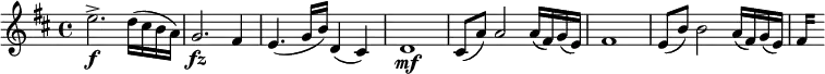  { \relative e'' { \key d \major \time 4/4
e2.-> \f d16( cis b a) | g2. \fz fis4 | e4.( g16 b) d,4( cis) | d1 \mf |
cis8( a') a2 a16( fis) g( e) | fis1| e8( b') b2 a16( fis) g( e) | \set stemLeftBeamCount = #0 fis16[] s
}} \layout { \context {\Score \override SpacingSpanner.common-shortest-duration = #(ly:make-moment 1/8) }}