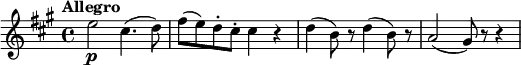 
\new Score {
  \new Staff = "clarinet" {
    \transpose c a
    \relative c'' {
      \set Staff.midiInstrument = #"clarinet"
      \clef treble
      \key c \major
      \time 4/4
      \tempo "Allegro"
      \set Score.tempoHideNote = ##t
      \tempo 4 = 120

      g2\p e4.( f8) | a8( g) f-. e-. e4 r |
      f4( d8) r f4( d8) r | c2( b8) r r4
    }
  }
}
