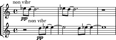 \new StaffGroup <<
\new Staff \relative c'' {
\set Staff.midiInstrument = #"violin"
\set Score.tempoHideNote = ##t \tempo 4 = 60
\bar ""
\override TextScript #'X-offset = #-5
es8\pp^"non vibr" d~ d2. |es8 d~ d2.|r1|
}
\new Staff \relative c'' {
\set Staff.midiInstrument = #"violin"
\override TextScript #'X-offset = #-5
r2 d8\pp^"non vibr" es~ es4~ | es2 d8 es~ es4~| es1 |
}
>>