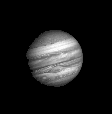 Image 16 Jupiter Image credit: NASA An animated view of Voyager I's approach to Jupiter. One frame of this image was taken each Jupiter day (approximately 10 hours) between January 6 and February 9, 1979, as the space probe flew from 58 million to 31 million kilometers from Jupiter during that time. The small, round, dark spots appearing in some frames are the shadows cast by the moons passing between Jupiter and the Sun, while the small, white flashes around the planet, are the moons themselves. More selected pictures