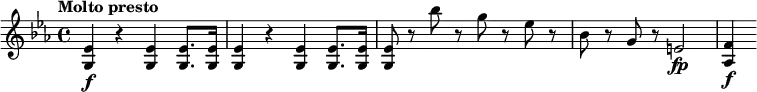 \relative c' {
\tempo "Molto presto"
\key es \major
<es g,>4\f r q q8. q16 |
q4 r q q8. q16 |
q8 r bes'' r g r es r |
bes8 r g r e2\fp |
<f as,>4\f
}