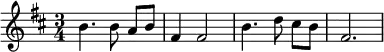 
 \relative
 {
  \key b \minor
  \time 3/4
     b'4. b8\noBeam a b
     fis4 fis2 
     b4. d8\noBeam cis b 
 fis2.
        
  }
