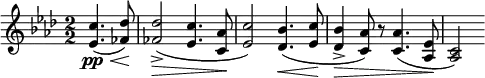\relative c'' { \set Staff.midiInstrument = #"clarinet" \clef treble \key aes \major \numericTimeSignature \time 2/2 \partial 2*1 <c ees,>4.\pp\<( <des fes,>8\!) | <des fes,>2->(\> <c ees,>4. <aes c,>8\! | <c ees,>2) <bes des,>4.\<( <c ees,>8\! | <bes des,>4->\> <aes c,>8) r <aes c,>4.( <ees aes,>8\! | <c aes>2) }